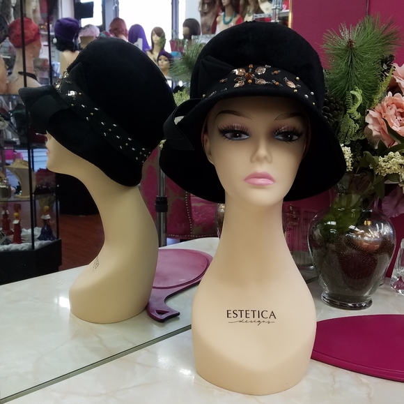 Vintage petite size black embellished ladies hat